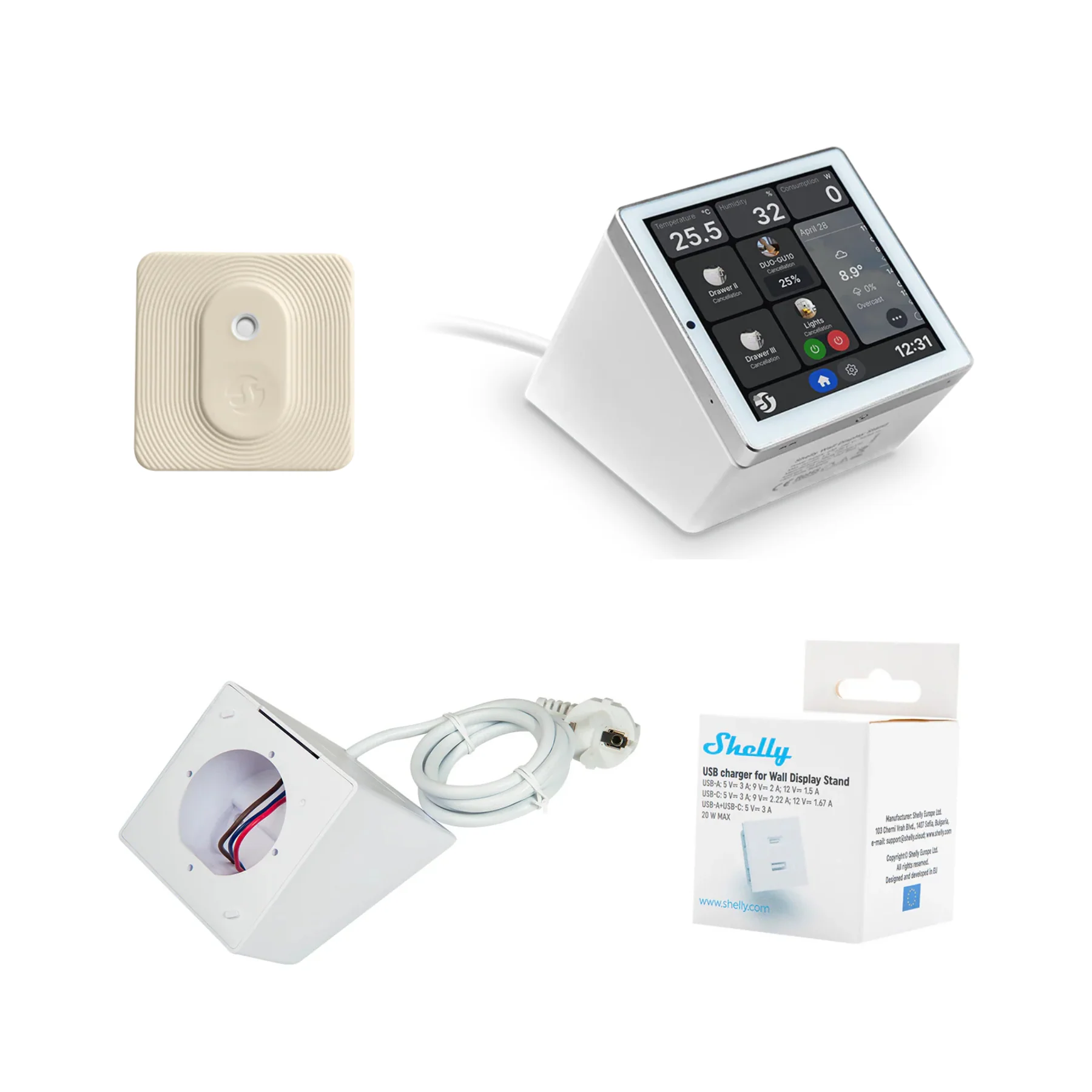 Pack Shelly Wall Display White + BLU H&T + Stand + USB Charger - Image 4